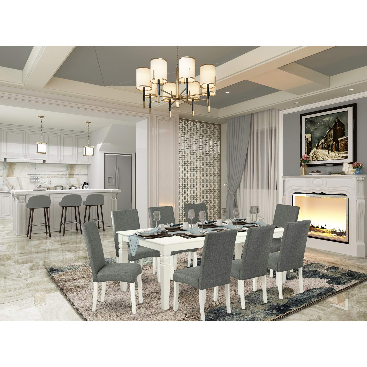 East West Furniture Lgdr9-Lwh-07 9 Piece Dining Room Set Includes A Rectangle Kitchen Table With Butterfly Leaf And 8 Gray Linen Fabric Parsons Dining Chairs, 42X84 Inch, Linen White